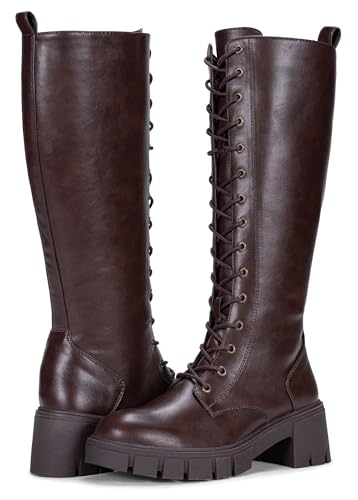 Image of Vepose Women's 953 Knee High Combat Boots Chunky Platform Heel, Lace Up Gothic Punk Work Boots for Dresses and Jeans