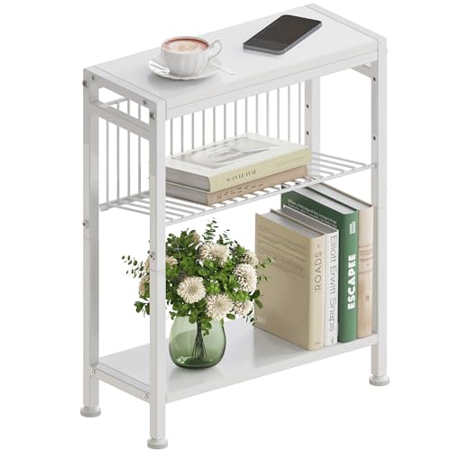 Vantimo Mesa Auxiliar Estrecha 3 Estantes,Mesita de Noche Estrecha con Soporte para Revistas, Mueble Auxiliar para Sofá Centro Pequeña para Sala de Estar Dormitorio Cocina Balcón Oficina Blanco
