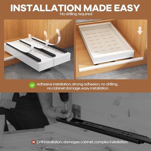 2 Pack Expandable Pull Out Cabinet Organizer 21" Deep with Raising Pad for Framed Cabinets,Upgrade 3 Slide Rails Slide Out Drawers,Roll Out Shelves Adhesive,Adjustable Width 9"-14.1" White