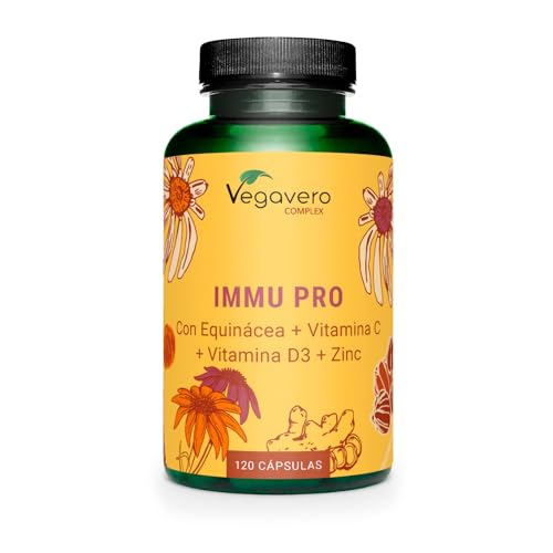 Complejo Defensas Inmunitarias | 100% NATURAL | 120 Cápsulas | Vitamina C, D3 + Equinácea + Zinc + Selenio + Jengibre | Immu Pro Complex | Sin Additivos y Vegano | Vegavero