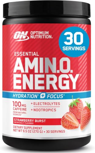 Image of Optimum Nutrition Amino Energy Powder Plus Focus, with BCAA, Electrolytes, and Caffeine, Juicy Strawberry, 30 Servings (Packaging May Vary) (Pack of 6)