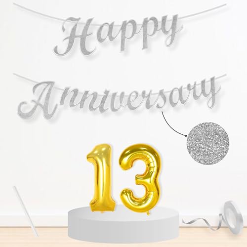 Image of Flyloons 13th Happy Anniversary Banner Silver Decorations Kit for Men Women Wedding Anniversary Banner Items without Balloons