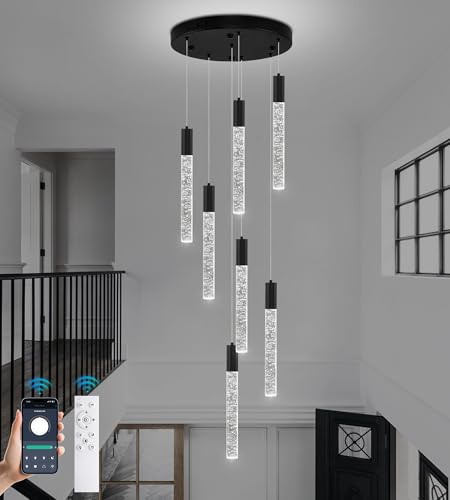 Upfelw Modern High Ceiling Crystal Chandelier 7-Lights, Spiral LED Raindrop