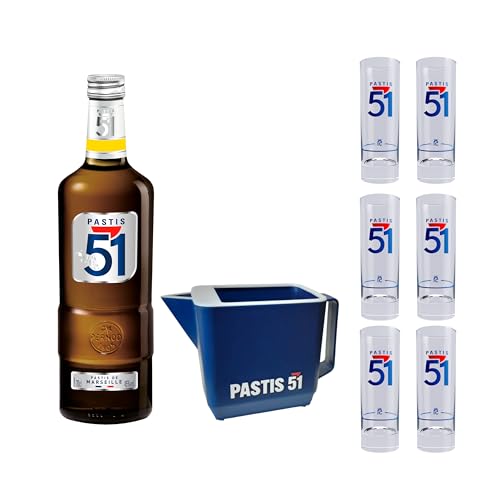 Pack PASTIS 51 Apéritif anisé Pastis de Marseille + 6 verres + 1 Carafe - 45%, 70cl