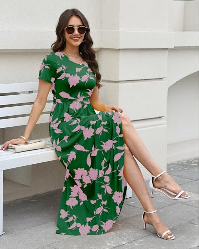 Image of COSSEN Women's Crew Neck Short Sleeve Maxi Dress with Pockets Casual Loose Swing for Wedding Guest Beach Vacation