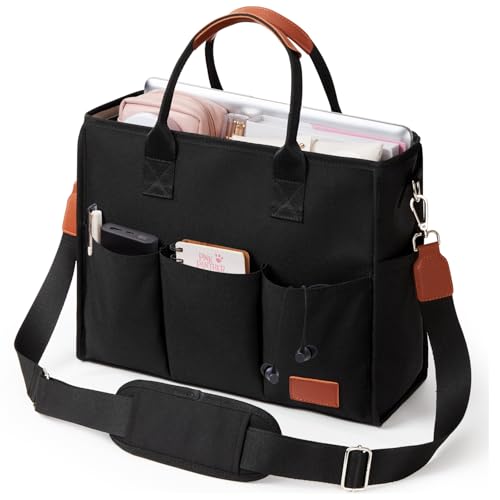Canvas Tote Bag for Women with 11 Pockets, 15in Laptop Bag, Zippered Work Purse & Adjustable Strap for Travel, College, Work