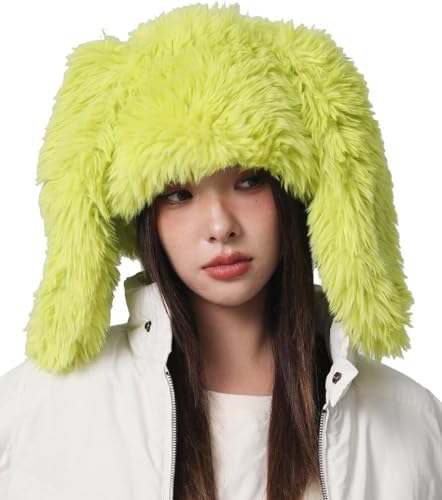 Chapeau seau oreilles de lapin bonnet flou hiver 2025 chaud vert clair - 3