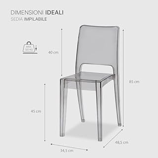 Baroni Home Set 4 Sedie Trasparenti, Sedie Impilabili Moderne, Leggere e Resistenti, Gommini Antiscivolo, Sala da Pranzo, 34,5x48,5x85 cm, Fumè