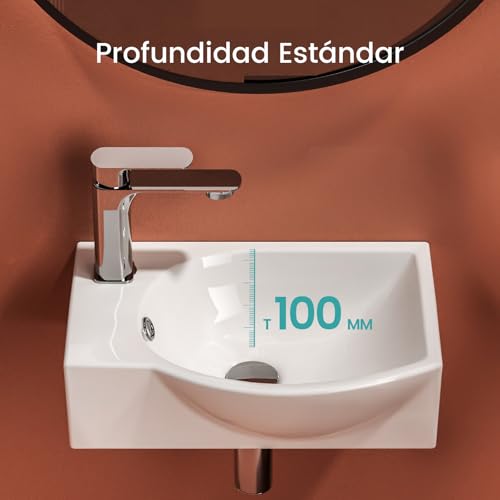 EMKE Hängewaschbecken 405 x 280 x 140 mm – Kompaktes und elegantes Waschbecken für kleine Badezimmer und Gäste-WC – Wasserhahn auf der linken Seite, Wandmontage, Hochglanzweiß