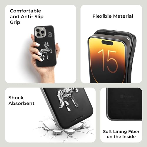 Image of PULOKA - Mobile Cover for iPhone 15 PRO MAX - Horse Embroidery - Sleek & Stylish - Protective & Anti Scratch Phone Cover Vegan Leather Back Case - Men & Women- Santa Barbara Polo (Black)