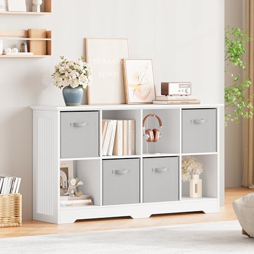 Image of 8 Cube Storage Organizer Shelf, Wood Cubby Storage with 4 Fabric Drawers, 2 Tier Wooden Bookshelf with 2 Adjustable Shelves & Fluted Side Panels for Bedroom, Living Room, Home Office, White