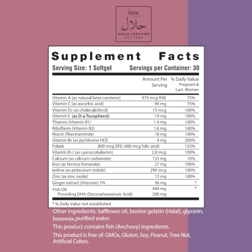 Image of Noor Vitamins Halal Prenatal Vitamins with DHA and Folic Acid, Essential Vitamins, Ginger to Soothe Mom's Stomach, Iron, Softgels, Prenatal Vitamin Before /During /Post Pregnancy (1 Month Supply)