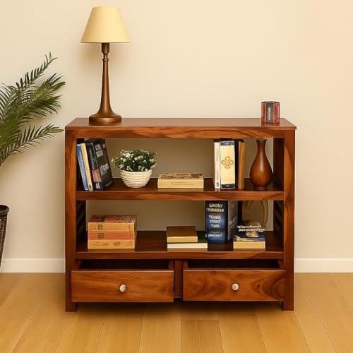 Image of Solid Sheesham Wood Console Table with 2 Storage Drawers, 3 Shelves, Mission Style Bookshelf.