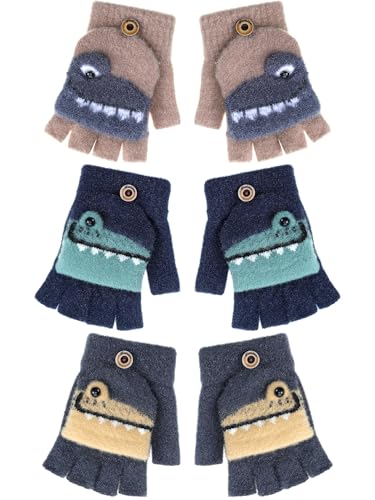 Geyoga 3 Pairs Winter Fingerless Gloves for Kids Convertible Flip Top Gloves Warm Half Finger Mittens for Boys Girls 5-10Year
