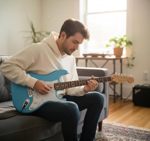 Image of Fender Squier Stratocaster Electric Guitar, Beginner Guitar, with 2-Year Warranty, Includes Free Lessons, Daphne Blue with Matte Finish