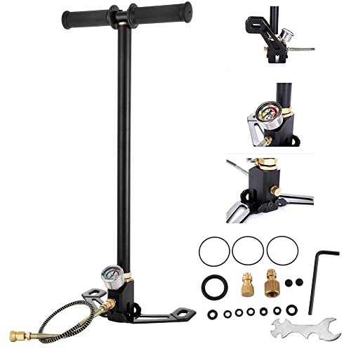 3 Stage Stirrup Pump Hand Pump 4500PSI High Pressure Air Gun Rifle Filling Pump for PCP Cylinder Airgun Scuba Tank Cars Road Mountain Bikes Paintball Bleed valve Portable Hand Tire Floor Pump