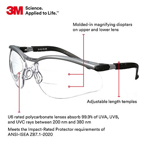 3M Safety Glasses, Bx Dual Readers, +2.0, Ansi Z87, Anti-Fog Clear Lens, Silver/Black Frame, Adjustable Length Temples And Lens Angle #TOP1