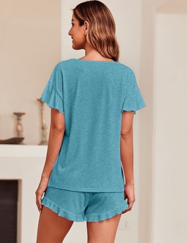 Image of Ekouaer Women's Pajama Set Ruffle Sleeves Top and Short | 2 Piece Ruffle Hem Sleeves Top and Shorts Pjs Set, Soft Short Sleepwear Set, Elastic Waistband Design