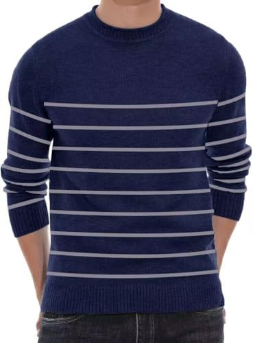ETCYY NEW Men's Striped Sweaters Crew Neck Slim Fit Long Sleeve Pullover Sweater for Business or Casual Dressy Wear