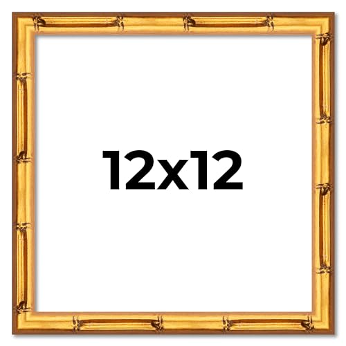 Poster Palooza 12x12 Frame Gold Bamboo Solid Wood Square Picture Frame with UV Acrylic, Foam Board Backing & Hanging Hardware Included