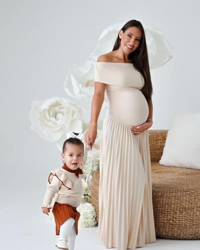 Off Shoulder Maternity Dresses for Photoshoot Pleated Maxi Baby Shower Dress Long Satin Pregnancy Gowns2