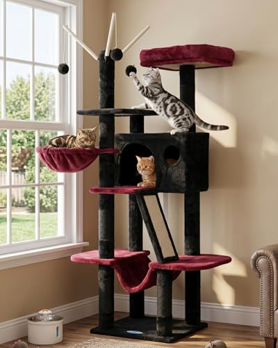 Hey-brother Gothic Cat Tree 53 inch Cat Tower for Indoor Cats Cat House with Padded Platform Bed Toy Balls Large Cozy Condo Hammocks and Sisal Scratching Posts Black and Red MPJ019SBR