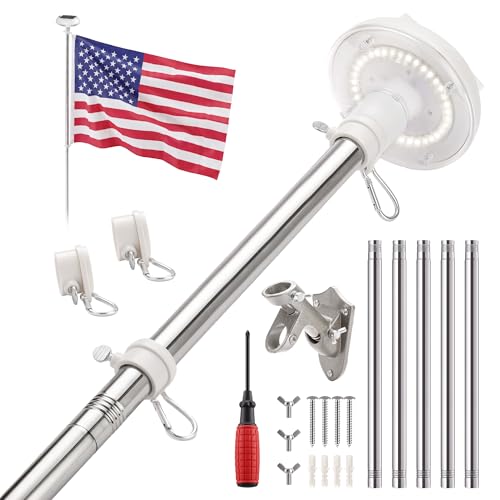 Kromart 6ft Flag Pole Kit for Outside House with Solar Light 3x5ft American Flag with Pole 1 Dia. Stainless Steel Flagpole Wall Mount Adjustable Flag Holder for Porch Outdoor Silver 36 LED