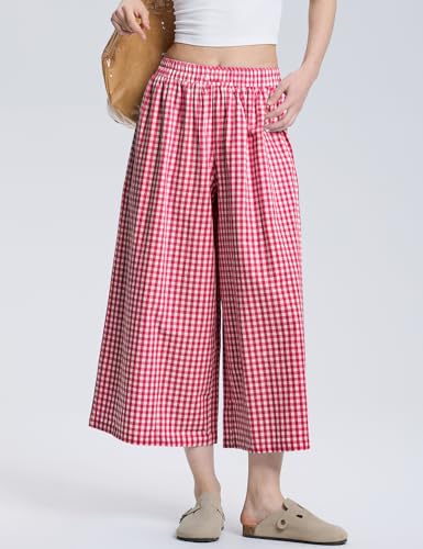 Image of LOMON Womens Wide Leg Capri Pants Gingham Plaid Culottes Summer Elastic Waist Palazzo Trousers Bottoms with Pockets