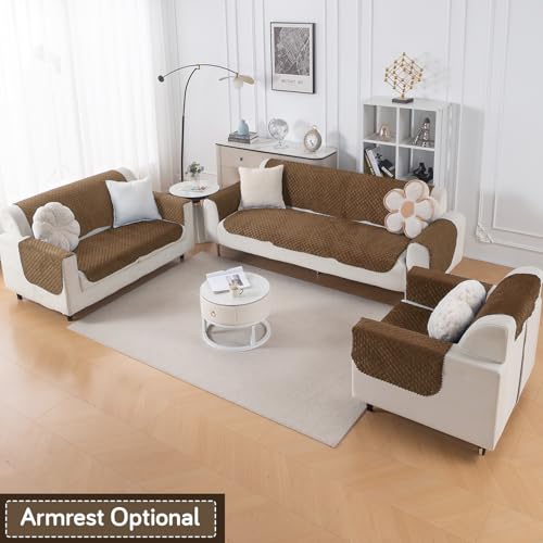 Image of HOKIPO Quilted Sofa Cover 6 Seater Set - Washable 3+2+1 Sofa Panel for Seat & Back | 'Quilt Classic' Light Coffee (IN-927+926+925 * 2-LCY)