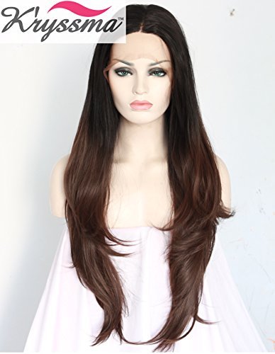 K'ryssma Ombre Black to Dark Brown Lace Front Wigs Synthetic Long Natural Straight Layered Middle Part Front Lace Synthetic Hair Glueless Replacement Full Wig For Women Heat Resistant 24 Inches