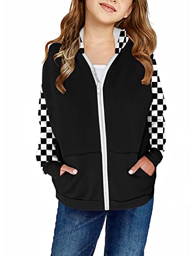 Storeofbaby Girls Plaid Hoodie Long Sleeve Zip Front Pocket Sweatshirt C Black #TOP28