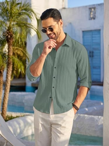 Image of FINIVO FASHION Men's Casual Cotton Plain Button Down Shirt Long Sleeve Textured Summer Beach Shirt for Men