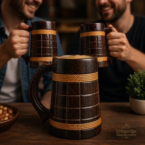 Image of Wooden Beer Bar Combo Set | Barrel Shaped Jumbo Mug | 2 Small Beer Mug 300ML (5 x 4 inches Each) & 1 Large Beer Jug 750ML | Barfi Design