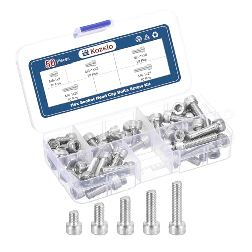 Image of Kozelo 50pcs M6 Socket Head Cap Screws Bolts Nuts Assortment Kit - [M6x8/12/16/20/25mm] 304 Stainless Steel Allen Socket Drive for 3D Printer