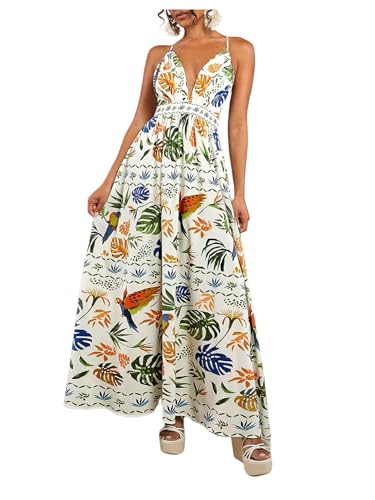 Image of SHENHE Women's Summer Tropical Sundress Deep V Neck Criss Cross Backless Flowy Maxi Dress