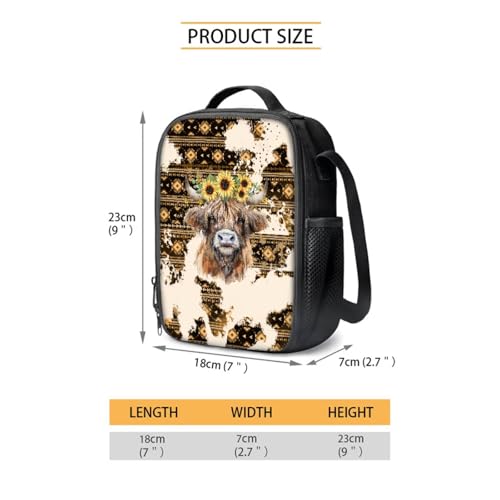 Highland Cow Print Backpack and Lunch Box for Girls Aztec Sunflower Print Kids Backpack and Pencil Case Set with Water Bottle Bag Crossbody 17 Inch Bookbag Set Back to School Supplies4