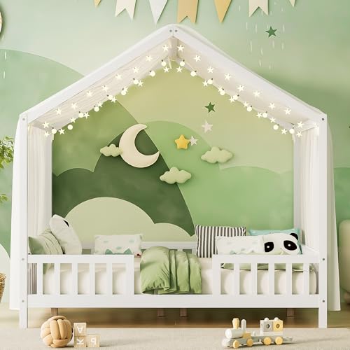 Image of Full Size Wood House-Shape Platform Bed with Roof Frame and Canopy, Montessori Floor Bed with High Railings and Slat Support for Kids Girls Boys, No Box Spring Needed (White-05, Full)