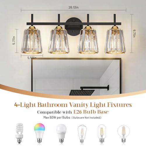 Image of Crystal Bathroom Light Fixtures Over Mirror, Black Gold 4-Light Bathroom Vanity Lights Over Mirror Modern Wall Lighting Sconces with Ceramic E26 Base (Bulbs Not Include)