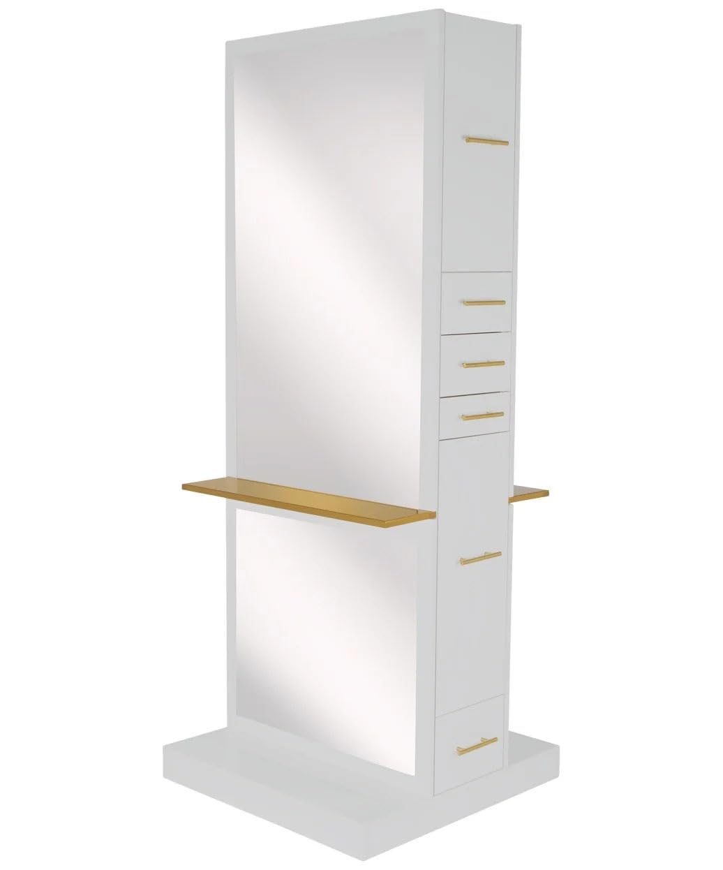 Buy-Rite Milan Double-Sided Styling Station with Full-Length Mirrors & Tool Panel - Gloss White | Modern Salon Workstation with Ample Storage, Metal Shelf, & Hidden Wheels | NIN-MDN-01