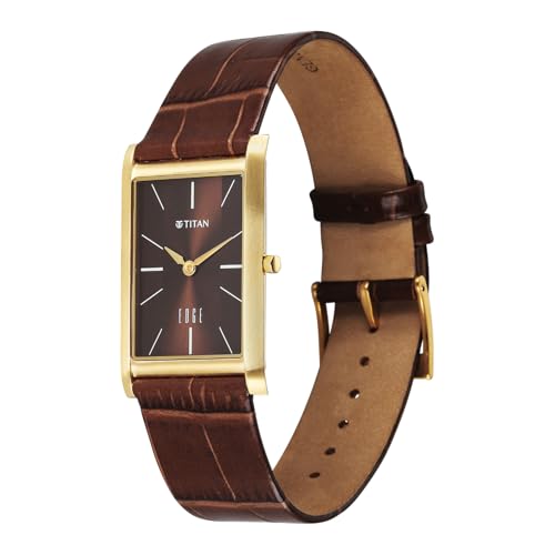 Image of EDGE Titan Monture Quartz Analog with Brown Dial Gold Leather Strap Watch for Men - 1043YL10
