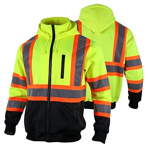 FONIRRA Hi Vis Safety Fleece Zip Hoodie Sweatshirt ANSI Class 3 Reflective with Black Bottom for Men(Yellow,M) Cover