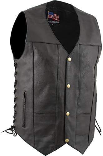 Xelement USA Leather 1204 Men's Black 'Dime' Classic Leather Ten Pocket Vest with Side Laces - Large