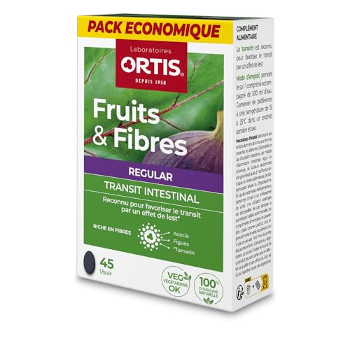 Ortis - Fruits & Fibres Regular Pack Economique 45 Comprimés - Complément Alimentaire pour Favoriser le Transit Intestinal - Paresse Intestinale Régulière - 100% Naturel à base de Rhubarbe