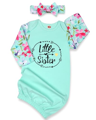 Image of Mikccer Baby Gown 0-6 Months Newborn, Super Soft Breathable Baby Nightgowns, Little Sister Nightgowns Coming Home Infant Gown with Headband Set Mint Green