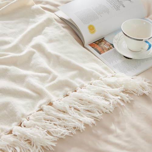 CozeCube Chenille Throw Blanket for Couch, Cozy Plush Fuzzy Decorative Cream White Blanket with Fringe Tassels, Lightweight Throws for Bed Sofa Gift Home Decor, 50"X60" by CozeCube - Image 6
