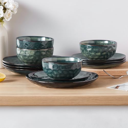 Image of vancasso Starry Plates and Bowls Set for 4, 12 Pieces Dinnerware Set, Stoneware Plates Set, Dishwasher and Microwave Safe, Green