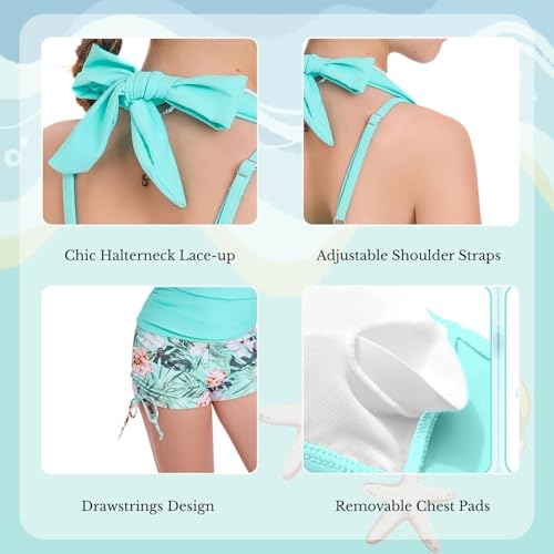 Image of Size 7-16 Years Girls Slim Fit Swimsuit 2 Piece Halterneck Tankini Swimsuit Drawstring Printed Swim Shorts