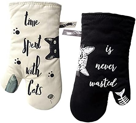 Oven Mitts Kitten, Quilted Cotton Lining- Cat Paw Design Heat Resistant Pot Holder Gloves for Grilling & Baking Gloves BBQ, Microwave (Cat(Beige+Black))