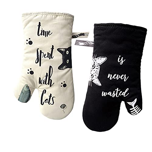 Oven Mitts Kitten, Quilted Cotton Lining- Cat Paw Design Heat Resistant Pot Holder Gloves For Grilling & Baking Gloves Bbq, Microwave (Cat(Beige+Black)) #TOP1