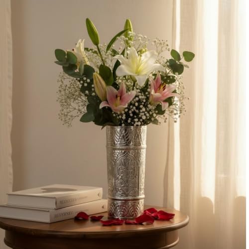 Image of Cylindrical Shape Aluminum Flower Vase for Home Decor, Traditional Embossed Metal Flower Pot for Office Table Decorations, Modern vases, Gift for Festival, 9 inches, German Silver